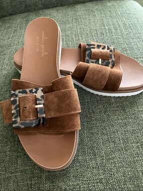 Mila Paoli Tan Suede Slide Sandals with Patterned Buckle